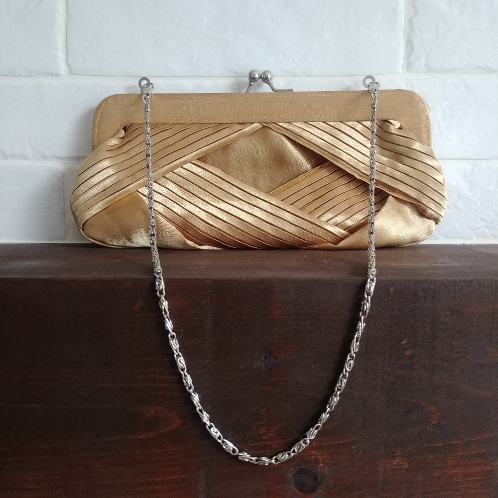 Gold satin clutch bag silver chain